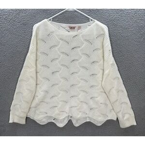 Willow‎ & Root Sweater Womens Small White Knit Boxy Cut Scallop Hem Pullover